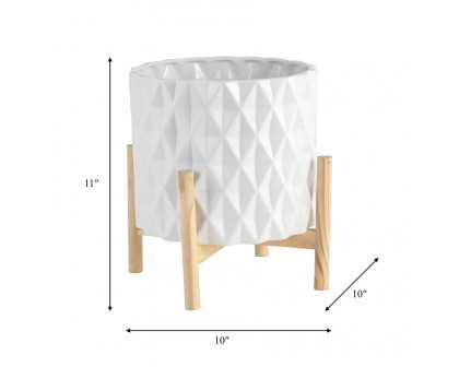 Sagebrook 12" Ceramic Diamond Planter With Wood Stand - White