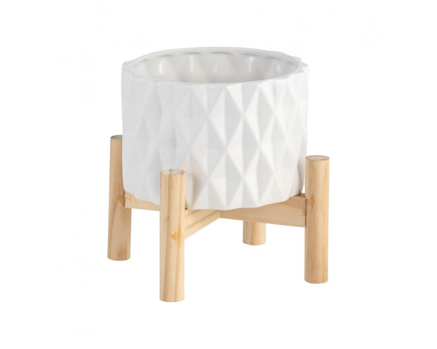 Sagebrook 6" Ceramic Diamond Planter With Wood Stand - White