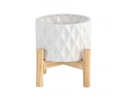 Sagebrook 6" Ceramic Diamond Planter With Wood Stand - White