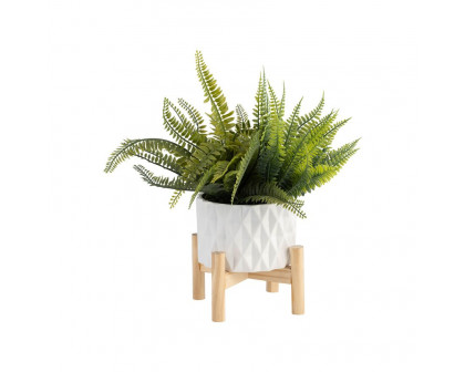 Sagebrook 6" Ceramic Diamond Planter With Wood Stand - White