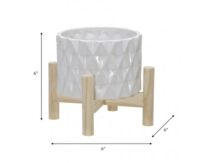 Sagebrook 6" Ceramic Diamond Planter With Wood Stand - White