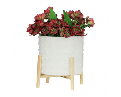 Sagebrook 12" Ceramic Dotted Planter With Wood Stand - White