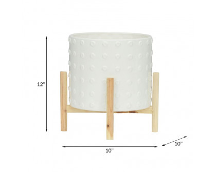 Sagebrook 12" Ceramic Dotted Planter With Wood Stand - White