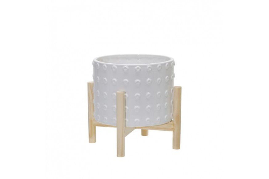 Sagebrook™ 8" Ceramic Dotted Planter With Wood Stand - White