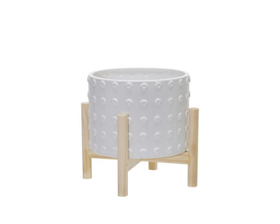 Sagebrook 8" Ceramic Dotted Planter With Wood Stand - White