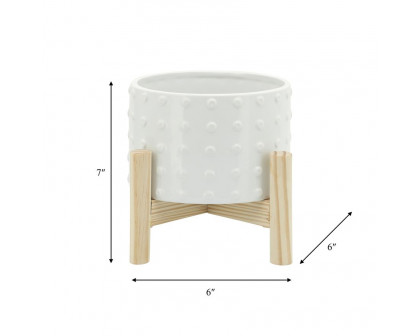 Sagebrook 6" Ceramic Dotted Planter With Wood Stand - White