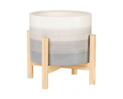 Sagebrook - 8" Ceramic Planter With Wood Stand in Beige Mix