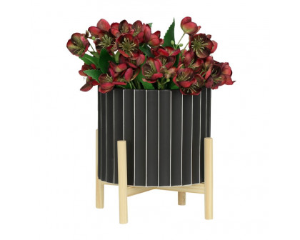 Sagebrook 12" Ceramic Fluted Planter With Wood Stand - Black