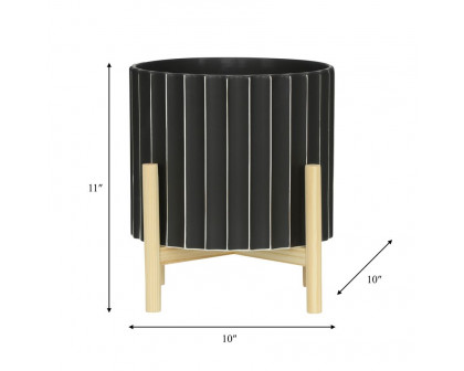 Sagebrook 12" Ceramic Fluted Planter With Wood Stand - Black