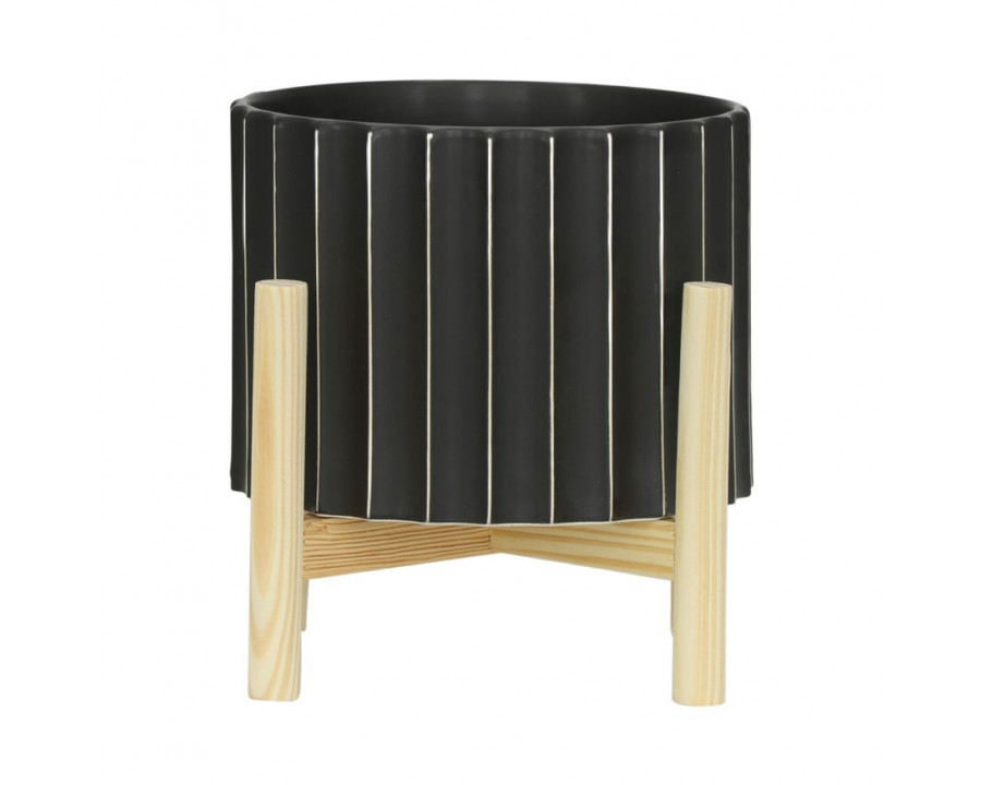 Sagebrook 8" Ceramic Fluted Planter With Wood Stand - Black