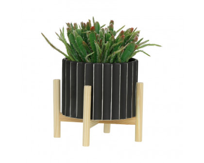 Sagebrook 8" Ceramic Fluted Planter With Wood Stand - Black