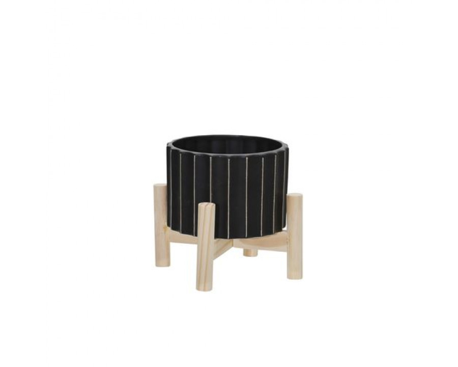 Sagebrook 6" Ceramic Fluted Planter With Wood Stand - Black