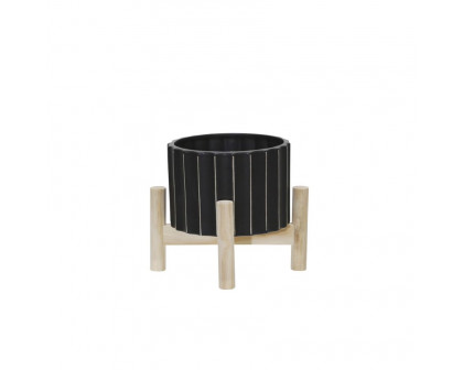 Sagebrook 6" Ceramic Fluted Planter With Wood Stand - Black