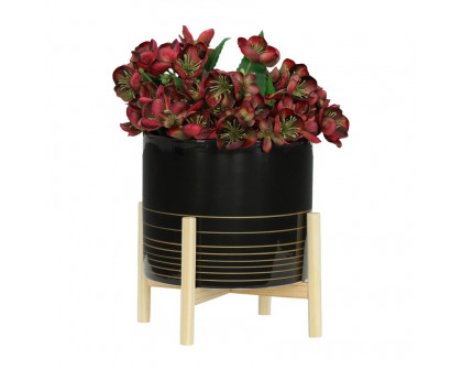 Sagebrook 12" Ceramic Metallic Planter With Wood Stand - Black