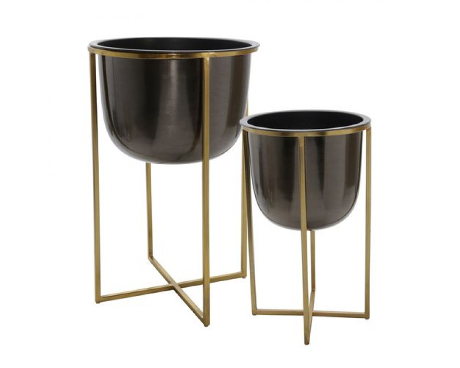 Sagebrook 25"/21" Metal Planters With Stand (Set Of 2) - Gunmetal/Gold