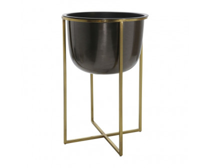 Sagebrook 25"/21" Metal Planters With Stand (Set Of 2) - Gunmetal/Gold