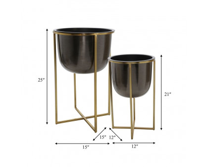 Sagebrook 25"/21" Metal Planters With Stand (Set Of 2) - Gunmetal/Gold