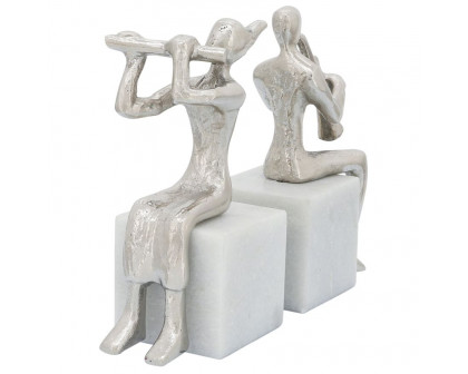 Sagebrook - Metal Musicians On Marble Base (Set Of 2) in Silver