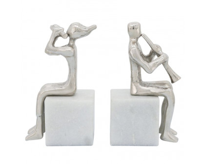 Sagebrook - Metal Musicians On Marble Base (Set Of 2) in Silver