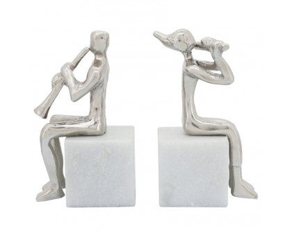 Sagebrook - Metal Musicians On Marble Base (Set Of 2) in Silver