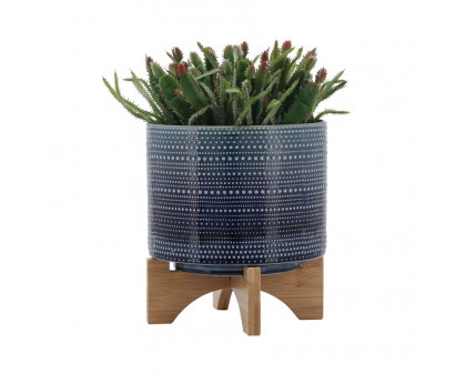 Sagebrook 8" Dotted Planter With Wood Stand - Blue