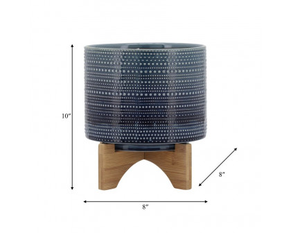 Sagebrook 8" Dotted Planter With Wood Stand - Blue