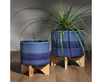 Sagebrook 8" Dotted Planter With Wood Stand - Blue