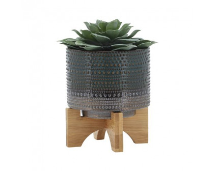 Sagebrook 5" Dotted Planter With Wood Stand - Green