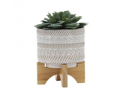 Sagebrook 5" Tribal Planter With Wood Stand - Beige