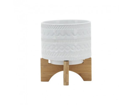 Sagebrook 5" Tribal Planter With Wood Stand - White