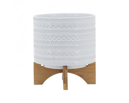 Sagebrook 8" Tribal Planter With Wood Stand - White