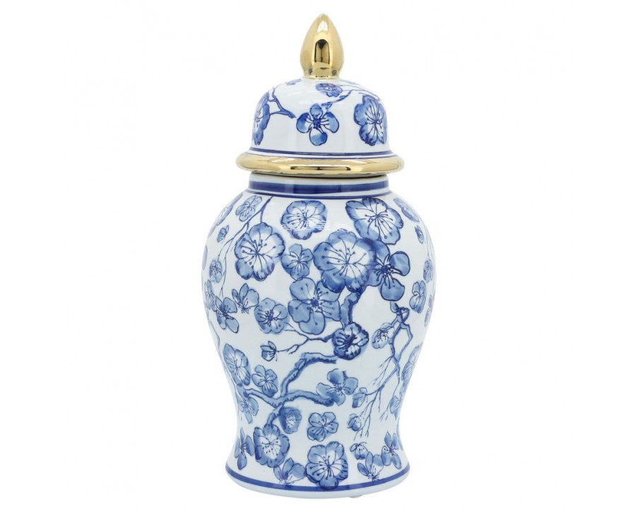 Sagebrook - 14" Temple Jar With Hibiscus in Blue & White