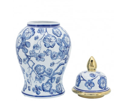 Sagebrook - 14" Temple Jar With Hibiscus in Blue & White