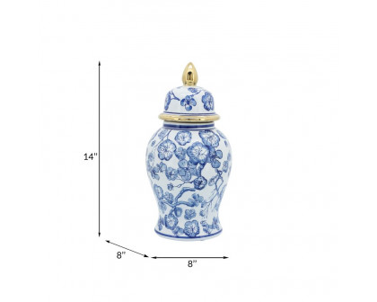 Sagebrook - 14" Temple Jar With Hibiscus in Blue & White