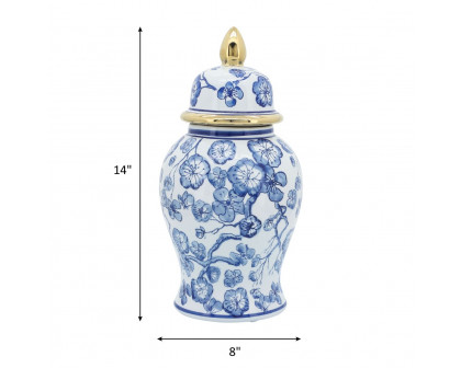 Sagebrook - 14" Temple Jar With Hibiscus in Blue & White