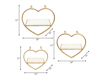 Sagebrook Metal/Wood Heart Wall Shelves (Set Of 3) - Gold