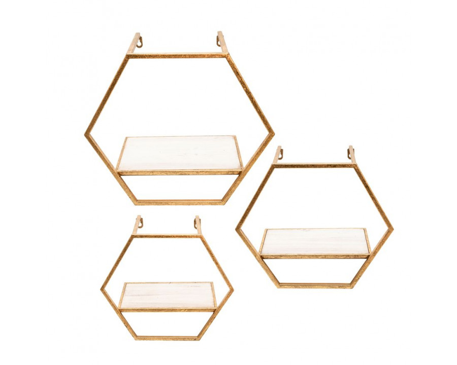 Sagebrook - Metal/Wood Hexagon Wall Shelves (Set Of 3) in Gold