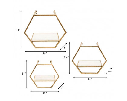 Sagebrook - Metal/Wood Hexagon Wall Shelves (Set Of 3) in Gold