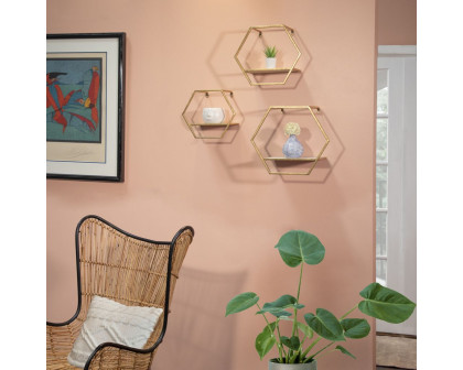 Sagebrook - Metal/Wood Hexagon Wall Shelves (Set Of 3) in Gold