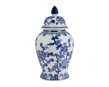 Sagebrook 18" Ceramic Temple Jar Bird/Flower - Blue