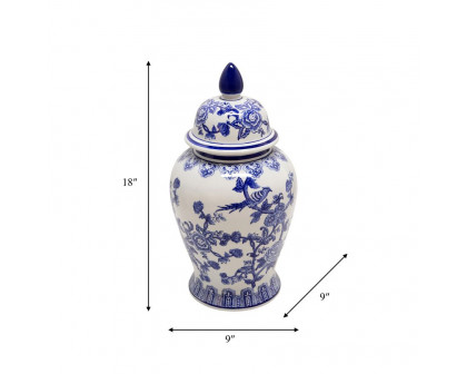 Sagebrook 18" Ceramic Temple Jar Bird/Flower - Blue