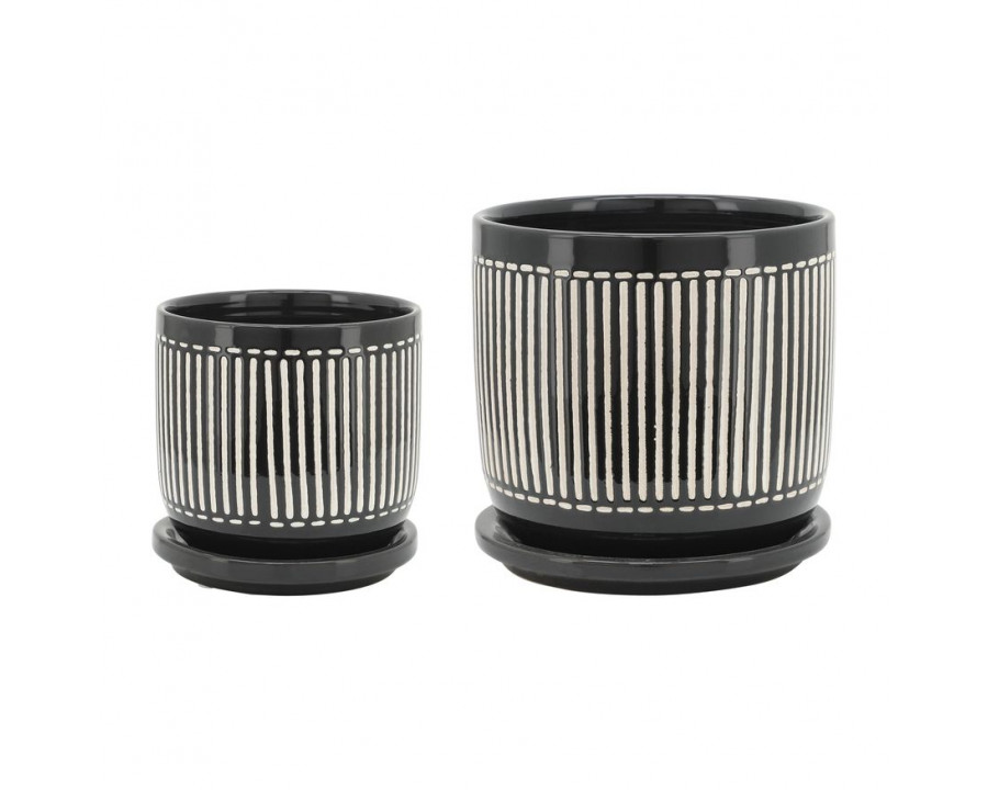 Sagebrook 5"/6" Vertical Lines Planters With Saucer (Set Of 2) - Black