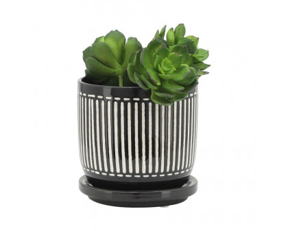 Sagebrook 5"/6" Vertical Lines Planters With Saucer (Set Of 2) - Black