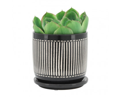 Sagebrook 5"/6" Vertical Lines Planters With Saucer (Set Of 2) - Black