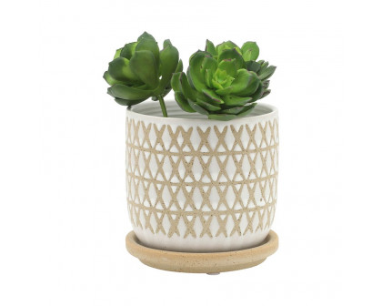 Sagebrook 5"/6" Criss/Cross Planters With Saucer (Set Of 2) - Beige