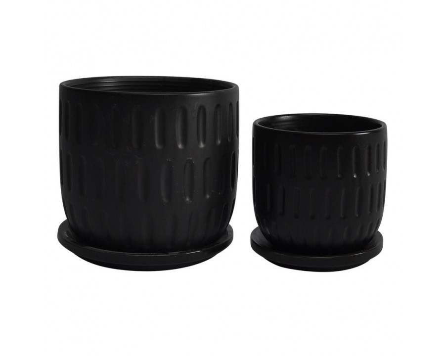 Sagebrook 5"/6" Textured Planters With Saucer (Set Of 2) - Matte Black