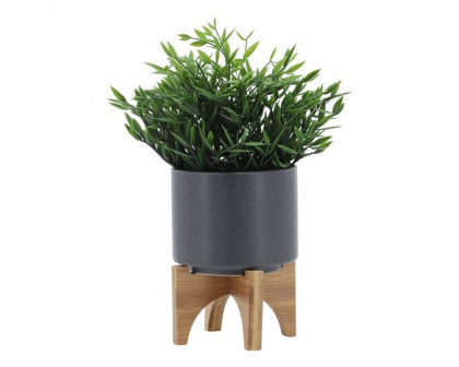 Sagebrook 5" Planter With Wood Stand - Matte Gray