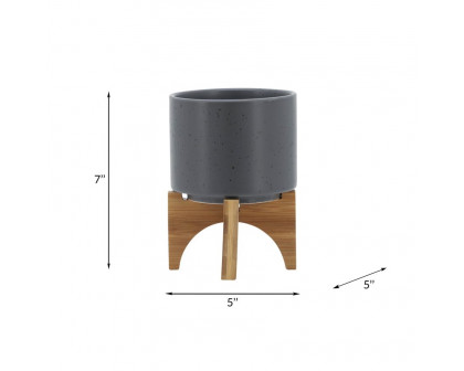 Sagebrook 5" Planter With Wood Stand - Matte Gray