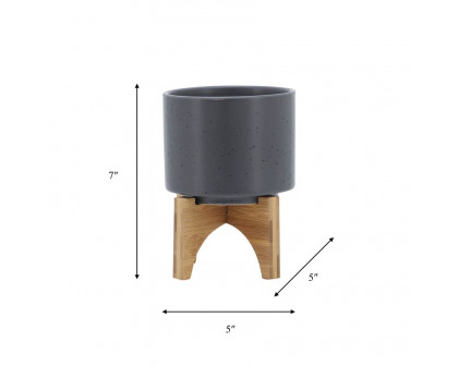 Sagebrook 5" Planter With Wood Stand - Matte Gray