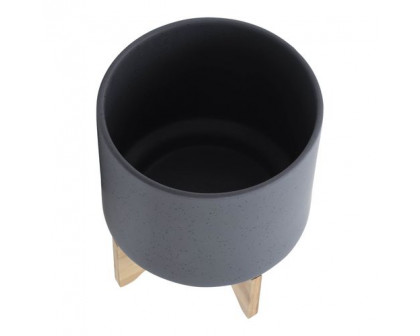 Sagebrook 10" Planter With Wood Stand - Matte Gray